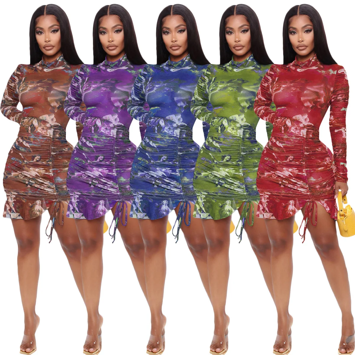 

2021 New Fashion Women Print Casual Dress Ladies Stacked Bandage Mini Dress Long Sleeve Dress Women Clothing