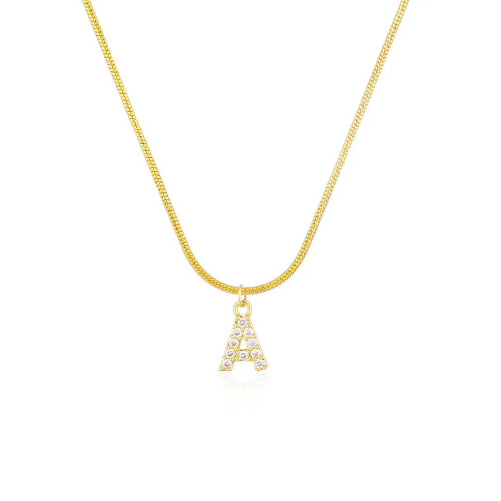 

Fashion gold plated zircon initial alphabet charm tiny snake chain necklace