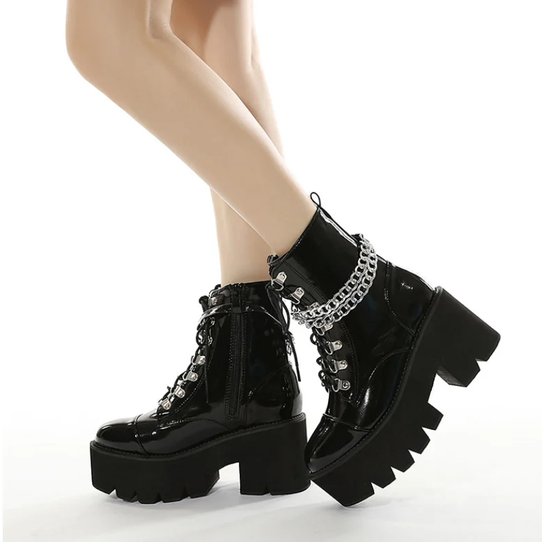 

Large size women's shoes chain platform women's shoes thick high-heeled ankle boots, Black
