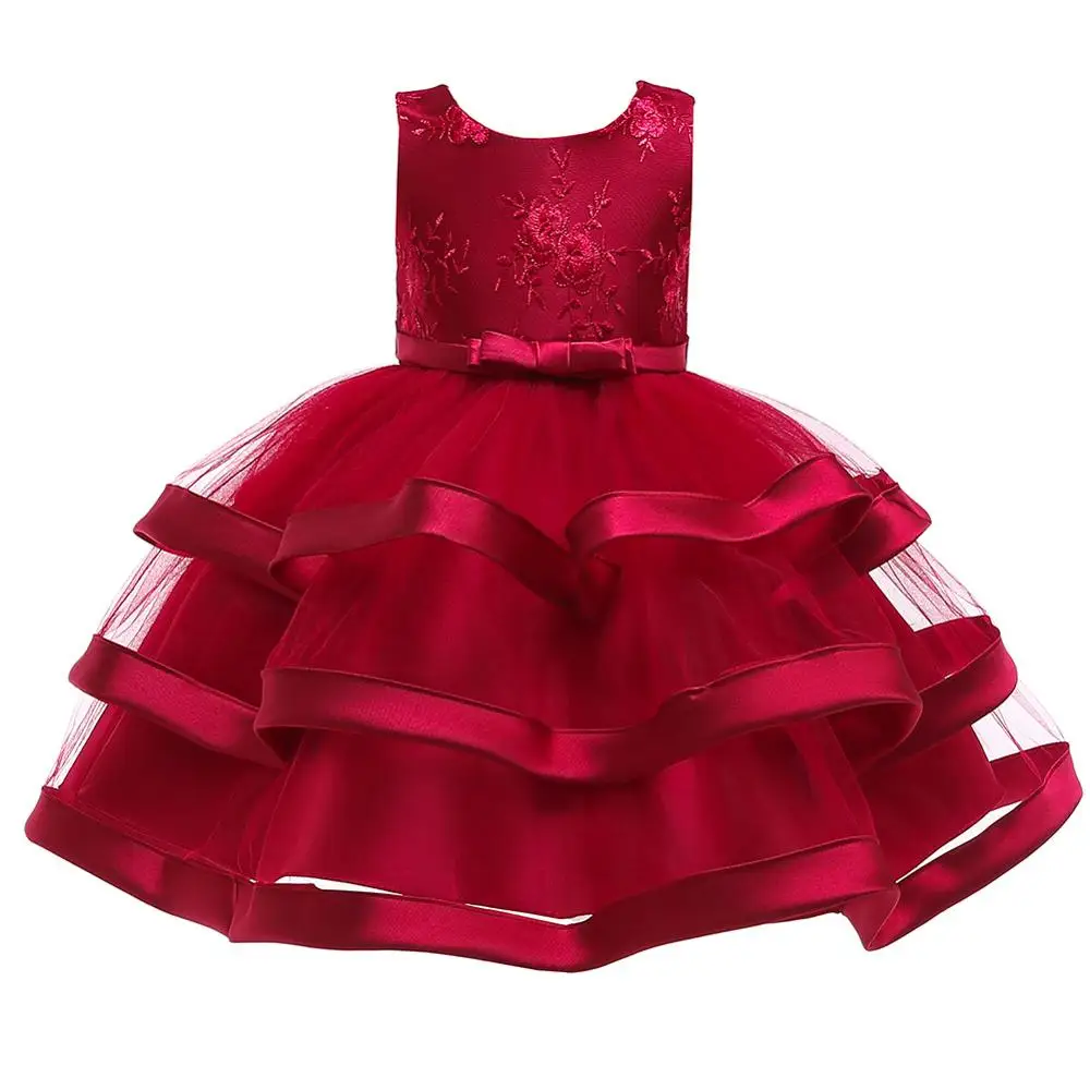 

Latest Baby Girl Red Dress party Boutique Princess Children Flower Frock Designs Layered Embroidery ball gowns