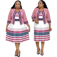 

New Arrival Women Striped African Office Midi Pleated Dresses 2 Piece Set Coat Plus Size Dress