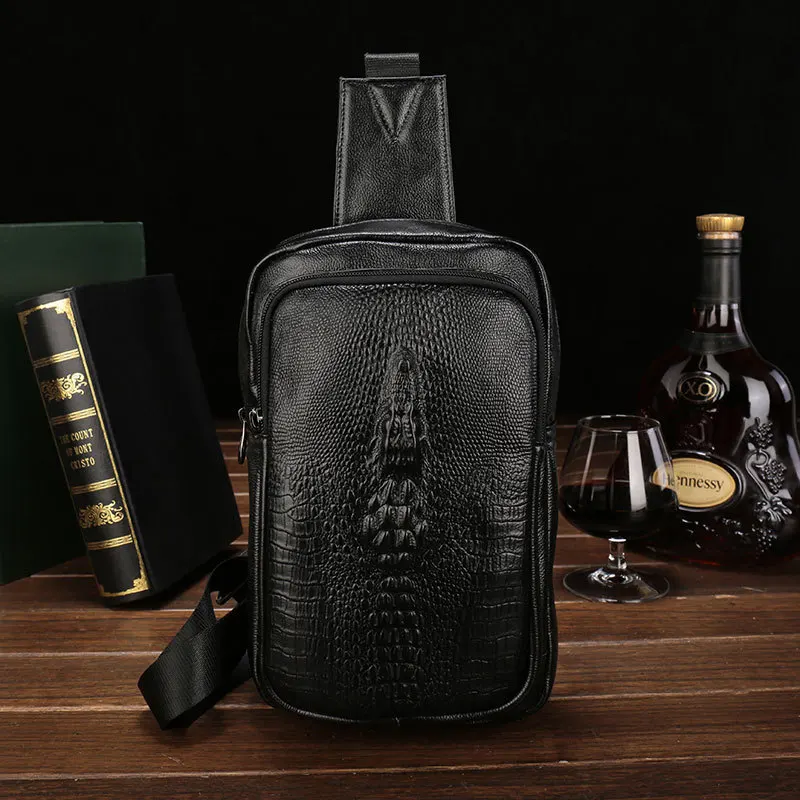 

Drop Shipping Men's Crocodile Pattern Genuine Leather Sling Front Pocket Casual Outdoor Single Chest Bag Crossbody, Black