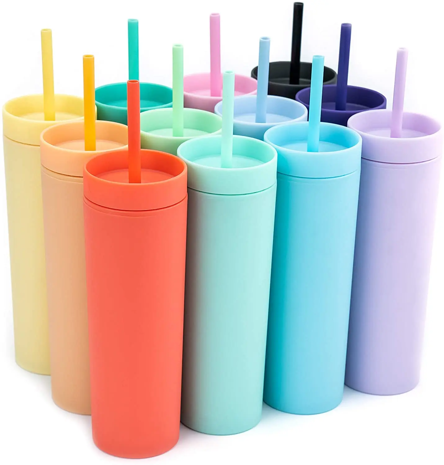 

2021 New Skinny Straight Slim 16oz Double Wall Plastic Matte Pastel Colored Acrylic Tumblers Cups with Lids and Straws, Customized color