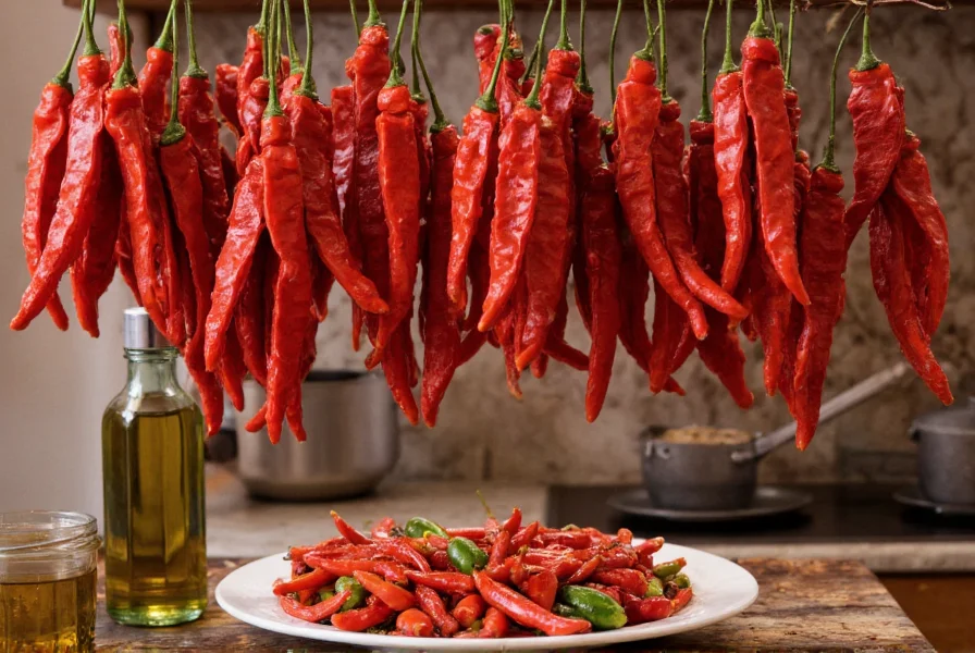 Traditional Calabrian kitchen showing dried chili peppers hanging and preserved in oil