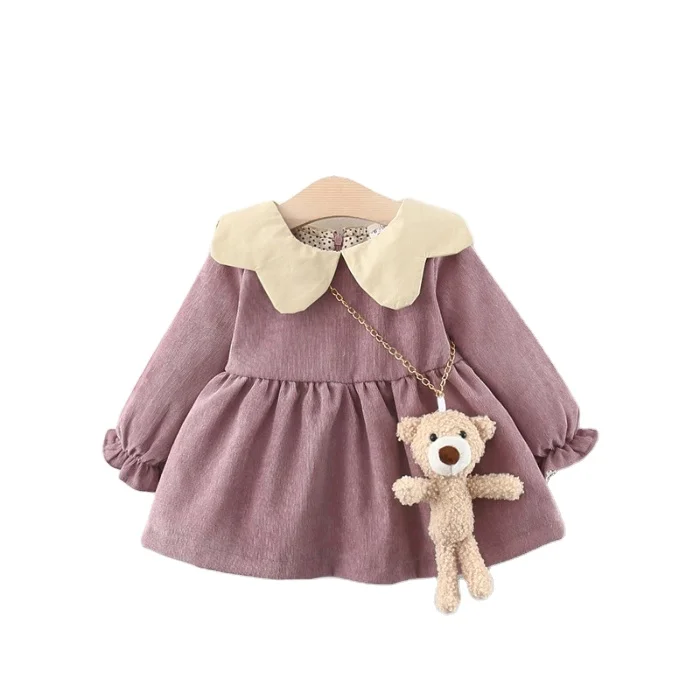 

Fashion Infant Girls Winter Ruffle Doll Collar Corduroy Dress Soft Thick Warm Dress With Doll Bear For Girls, Picture shows