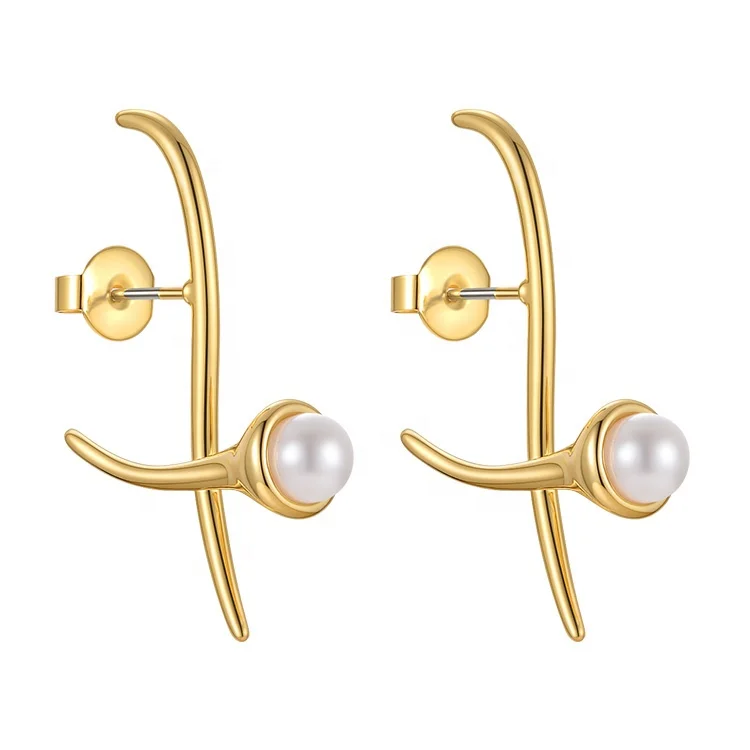 18K Gold Plated Brass Jewelry Geometric Cross Design Pearl Stud Dainty Feminine INS Accessories Earrings E221348