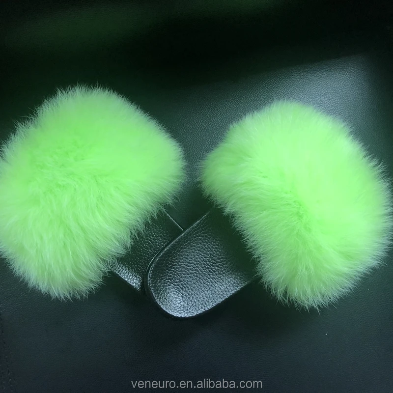 

Fashion Design Women Real Big Fox Colorful Natural Fur Sandal Raccoon Furry Slippers Fur Slides, Customized color