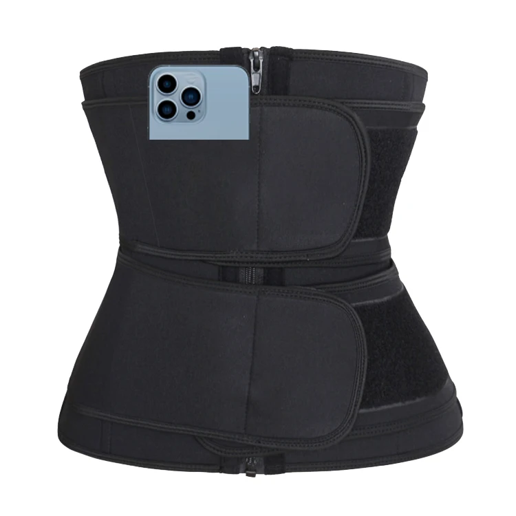 

Wholesale High Quality Body Shaper Popular Black Style with Phone Pocket Double Belt And Zipper Corset Waist Trainer