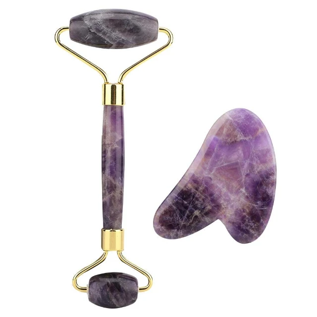 

High Quality Jade Roller For Face Massager 100% Real Natural Amethyst Gua Sha Set Gua Sha Purple