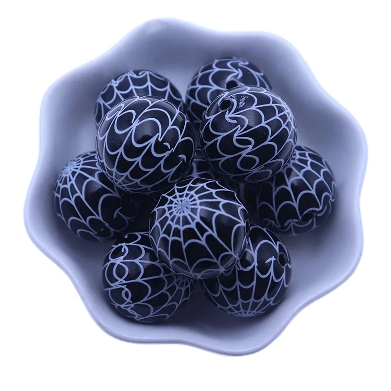 

Newest Fashion Loose 20MM Black Acrylic Round Halloween Spider Web Printing Beads For Jewelry, Black and white