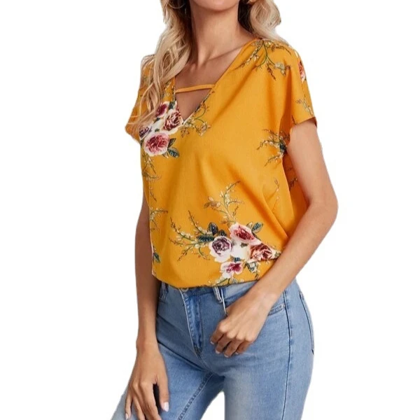 

High quality V-neck print loose women's t-shirts