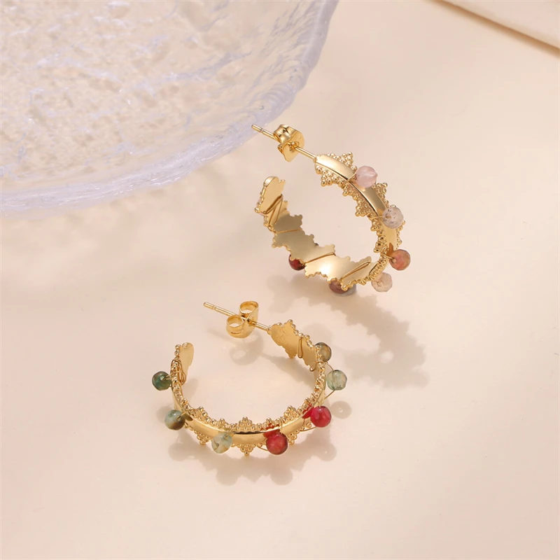 

Stainless Steel Customized Personalized C Shape Multi Color Natural Stone Wire Hoop Earrings