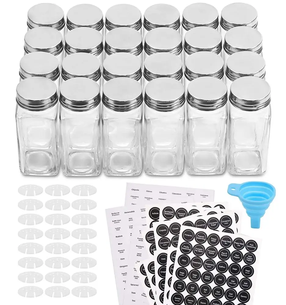 

Hot Selling 12 Pcs Glass Spice Jars Set/Bottles with Labels Shaker Lids And Silicone Collapsible Funnel Included