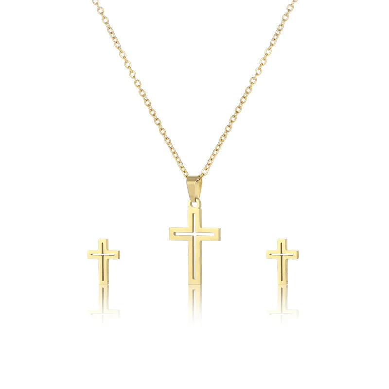 

Religious Cross 304 Stainless Steel Clavicle Necklace Earrings Set Simple Titanium Steel Cross Jewelry Customized
