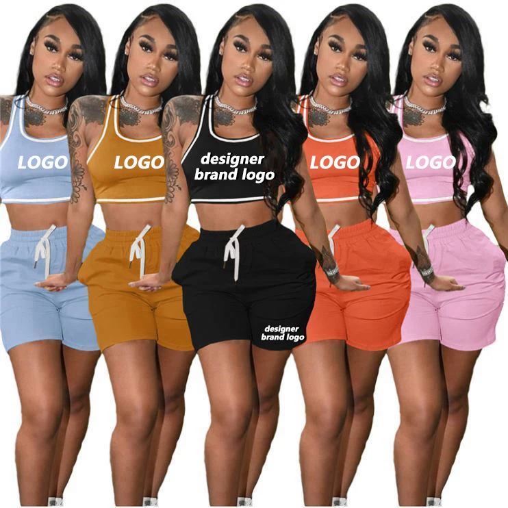 

2021 Summer Solid Color Custom Logo Biker Women Clothing Clothes Sexy Sport Tank Top Shorts Set 2 Two piece set for women, Picture