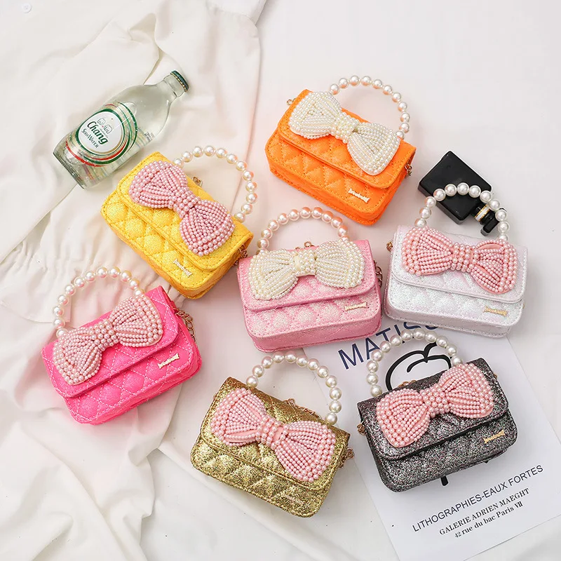 

Wholesale Kids Purse And Handbags Cute ladies crossbody shoulder bag Pearl Children Wallet Mini women hand bags for little girl, 7 colors