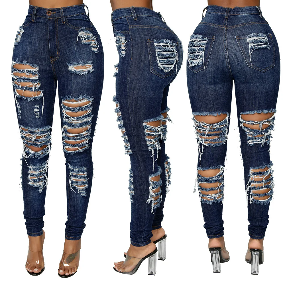 

In Stock ripped jeans pant women pantalon high wasted scrunch bottom distress Female Denim Jeans, Picture colors, or custom color