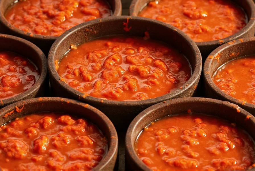 Close-up of traditional Korean onggi pots containing gochujang paste during fermentation process