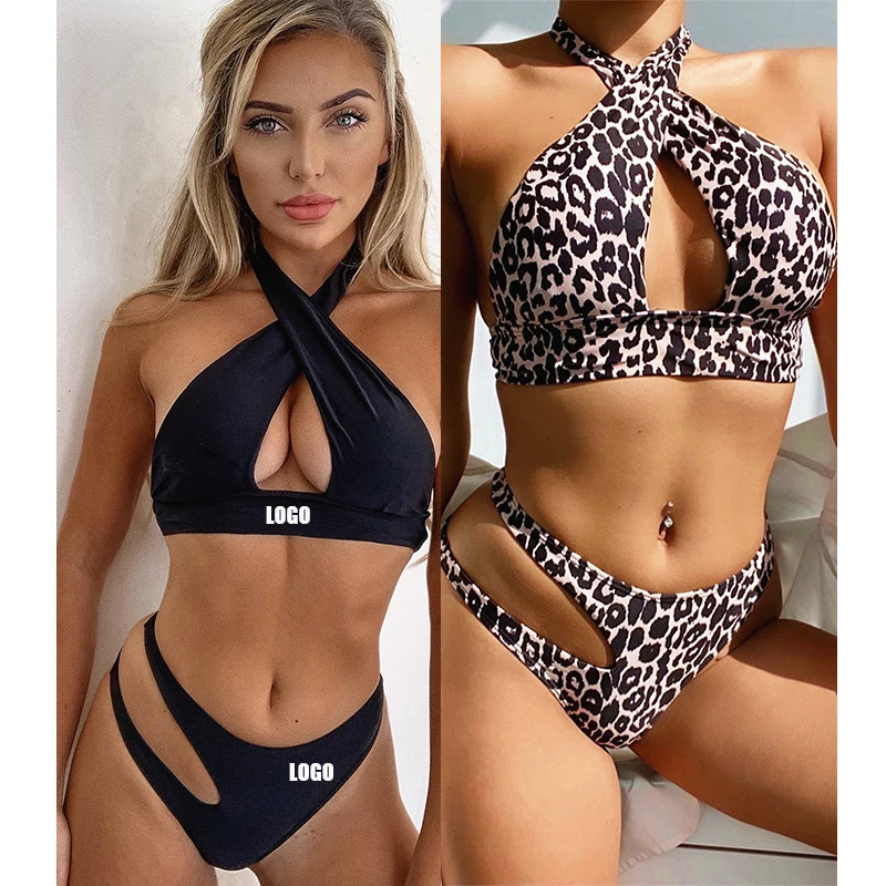 

Unique Sexy Ladies Hollow Cross Bikini Solid Color Two Piece Swimsuit Tube Top Leopard High Waist Strapless Swimwear