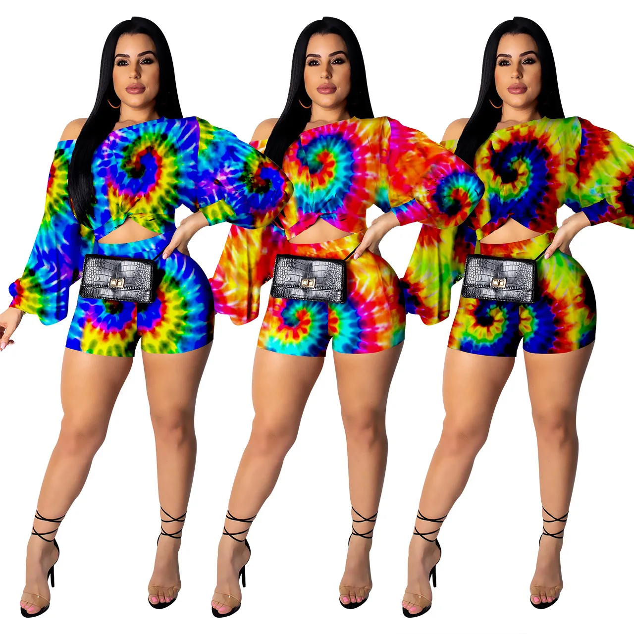 

2020 Fashion Plus Size Tie Dye Sexy Nightclub Bubble Sleeves Long Sleeve Shorts 2 Two Piece Set Fall Clothing For Women, Picture color