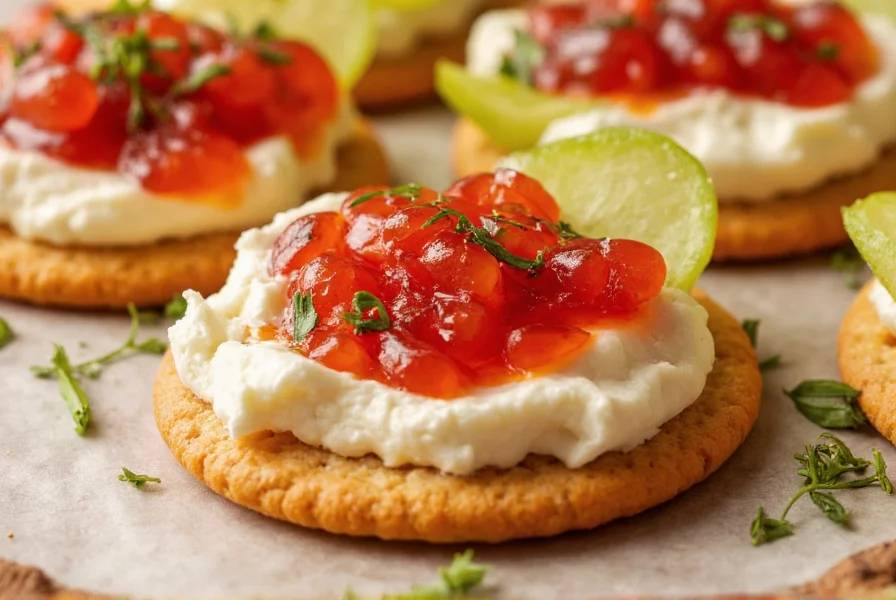 Close-up of pepper jelly and cream cheese spread on crackers with fresh herbs