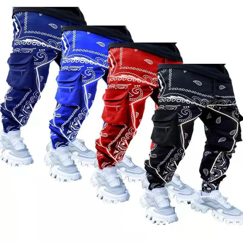 

YX New Sale Jogger Sweatpants Casual Loose Paisley Print Hip Hop Cargo Pants For Men, Red, black, navy blue, sapphire, red, army green, plaid red, lake blue