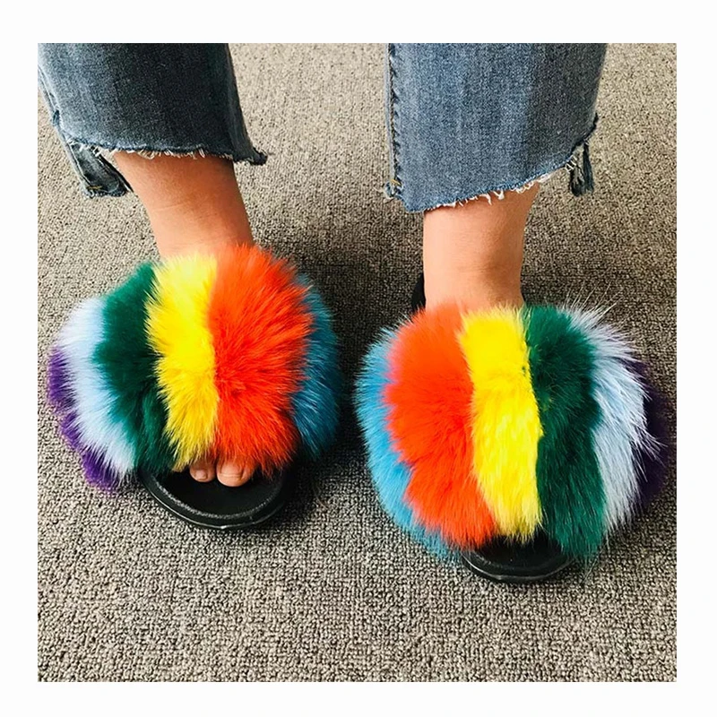 

2021 Latest Real Fox Fur Slippers Fluffy Soft Fur Slides Women Luxury Fur Slides, Customized color