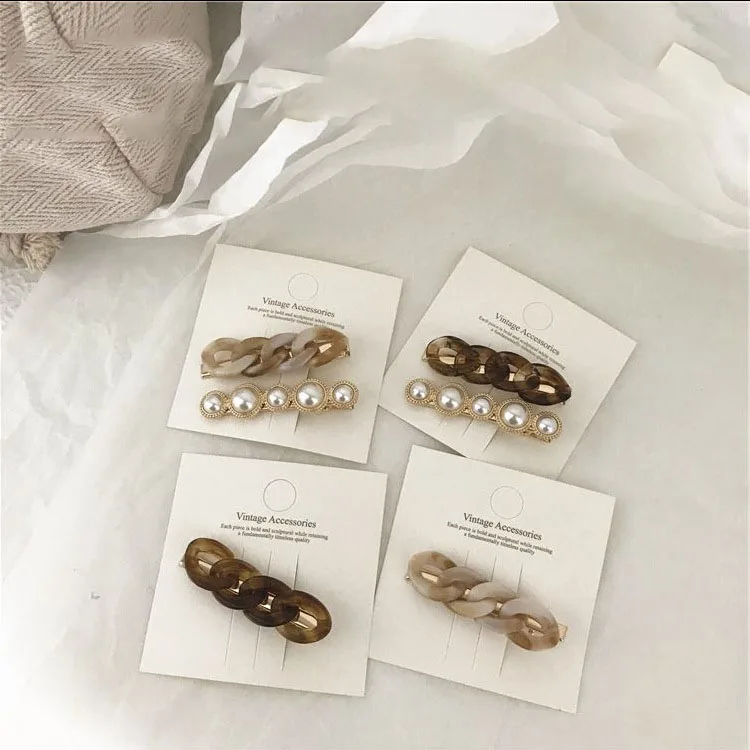 

Korean Design Acrylic Hairpin Chain Geometric Pearl Duckbill Hair Clip Set