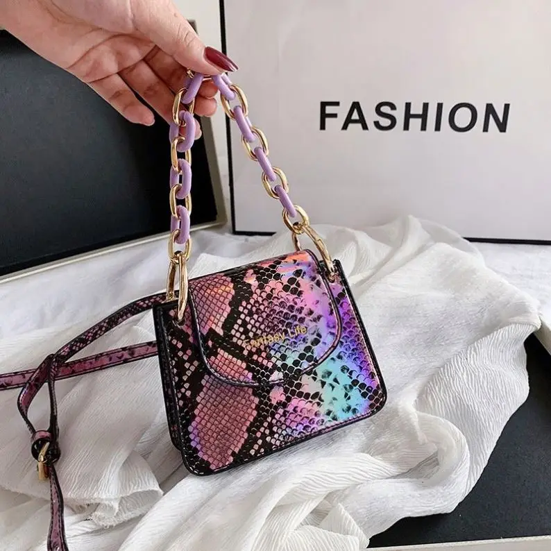 

Fashion Lady snake skin purse Crossbody Bag Luxury Women Serpentine Laser Handbag Designer Acrylic Chains Mini Purse