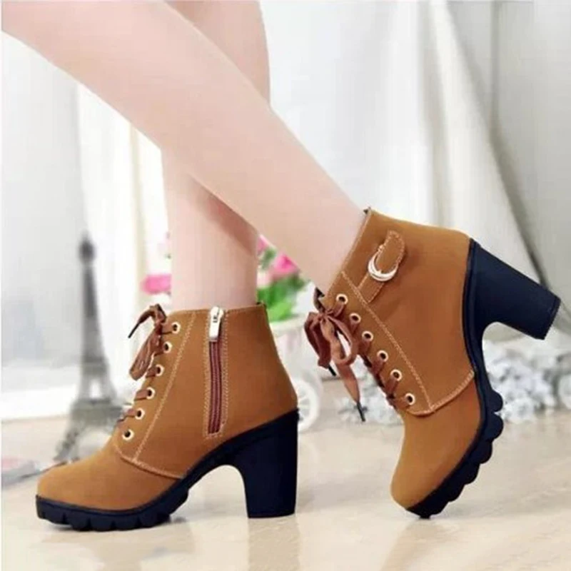 

Factory boot woman ankle boots Lace-up Ladies high heel feman shoes vintage women boots