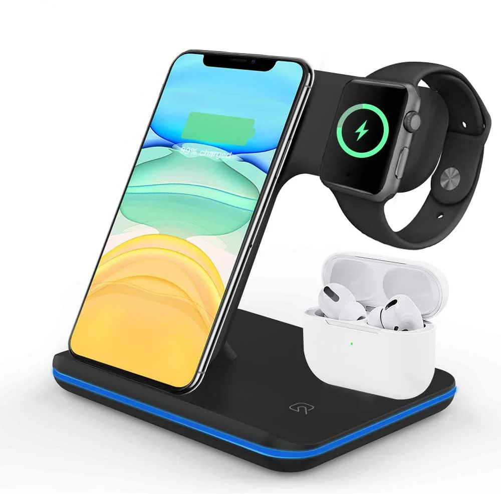 

3 in 1 15w 10w Fast Charge Wireless Charger Stand holder Qi Wireless Charging Multifuncion Station for iPhone iWatch Airpods, Black white