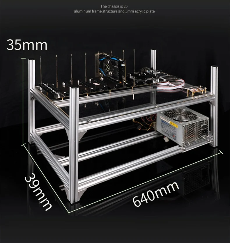 

M/B 3855 GPU Miner rig Rack Aluminum 8GPU Open Air Mining Rig Frame for Onda motherboard, Silver