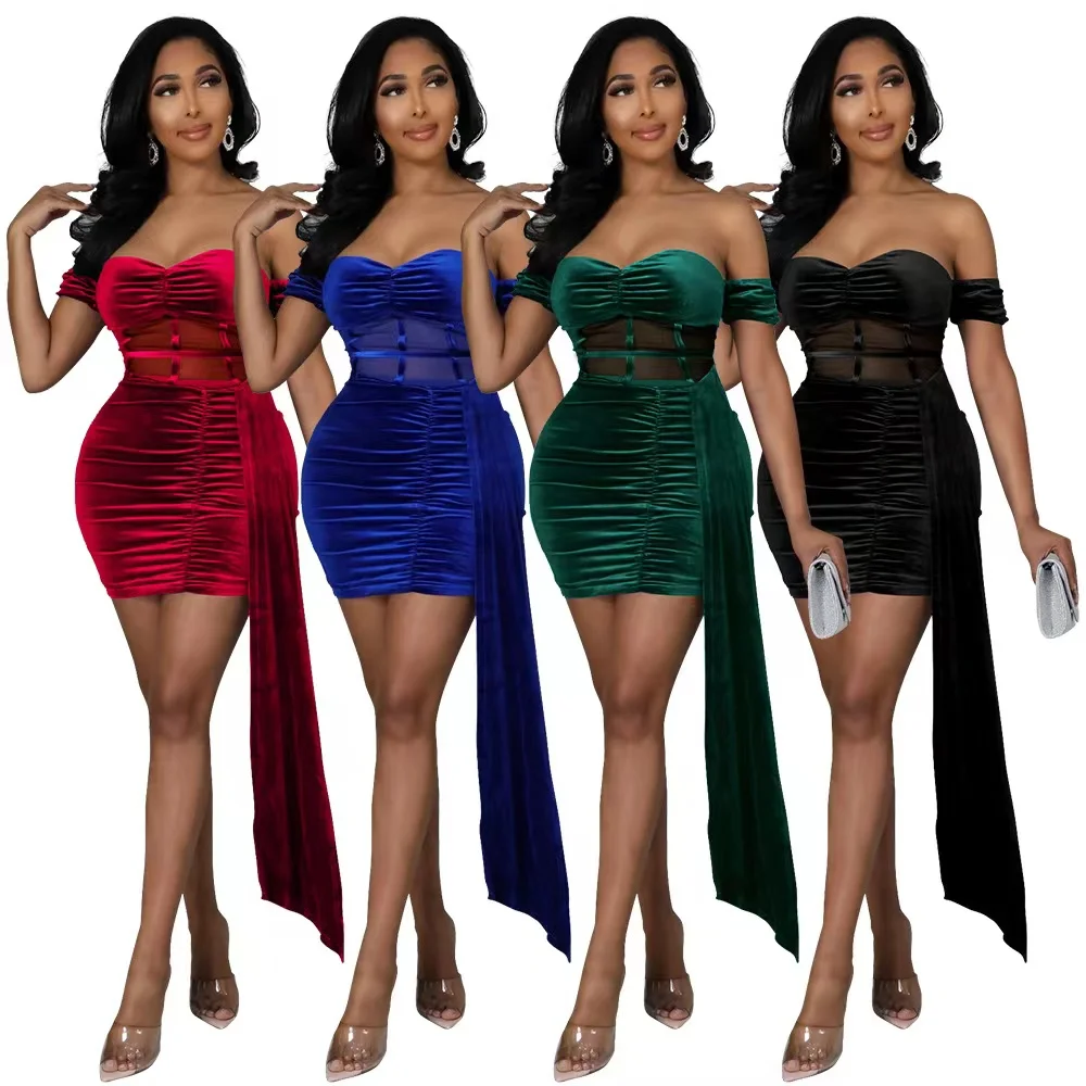 

2022 New Arrivals Fashion Women Sexy Off Shoulder Wrap Chest Waist Belt Above Knee Length See-through Mesh Stretchy Velvet Dress