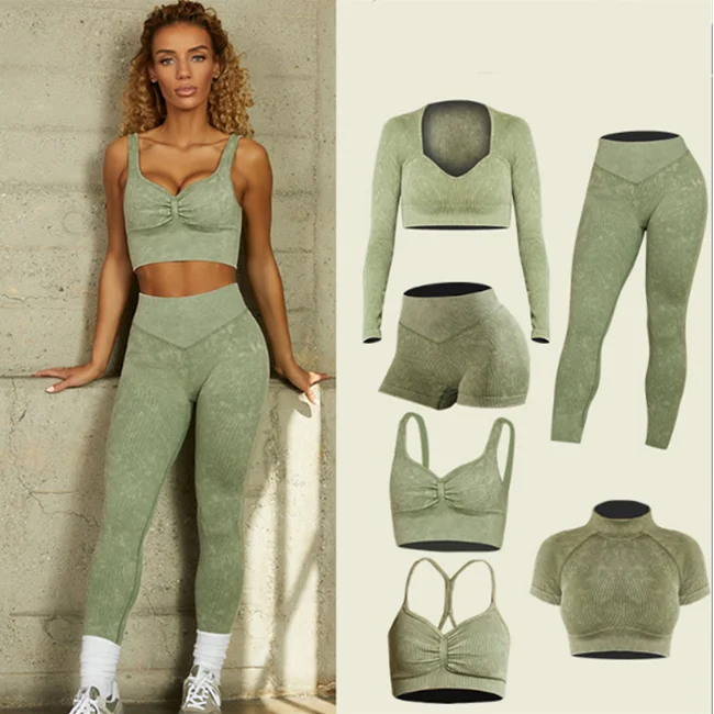 

2022 new arrival ribbed sand washed seamless yoga wear women's fitness high waist butt pants shorts bra 6 pieces set gym wear