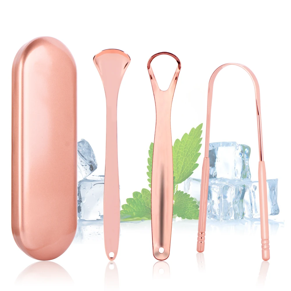

Private Label Reusable Tongue Spatula Reduce Bad Breath Stainless Steel Tongue Scraper Cleaner Set, Rose gold and silver