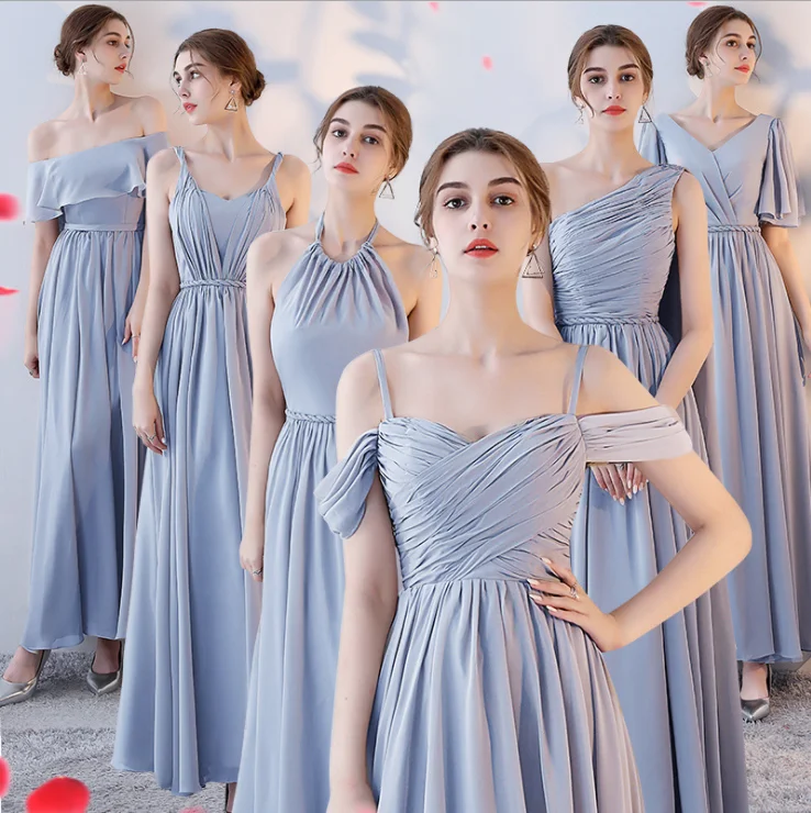 

Casual Dress Summer off Shoulder Back Bandage Pink Grey Chiffon Women Wedding party long evening Bridesmaid Dress, Black,others colors could be customized