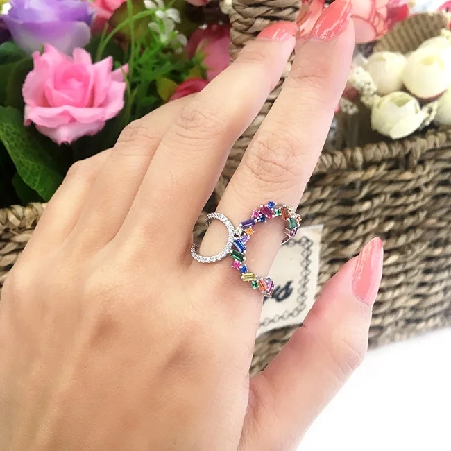 

Hot sale new arrived cheaper hollow colorful cz paved multi band finger rings for women lady wedding cross rainbow cz rings gift