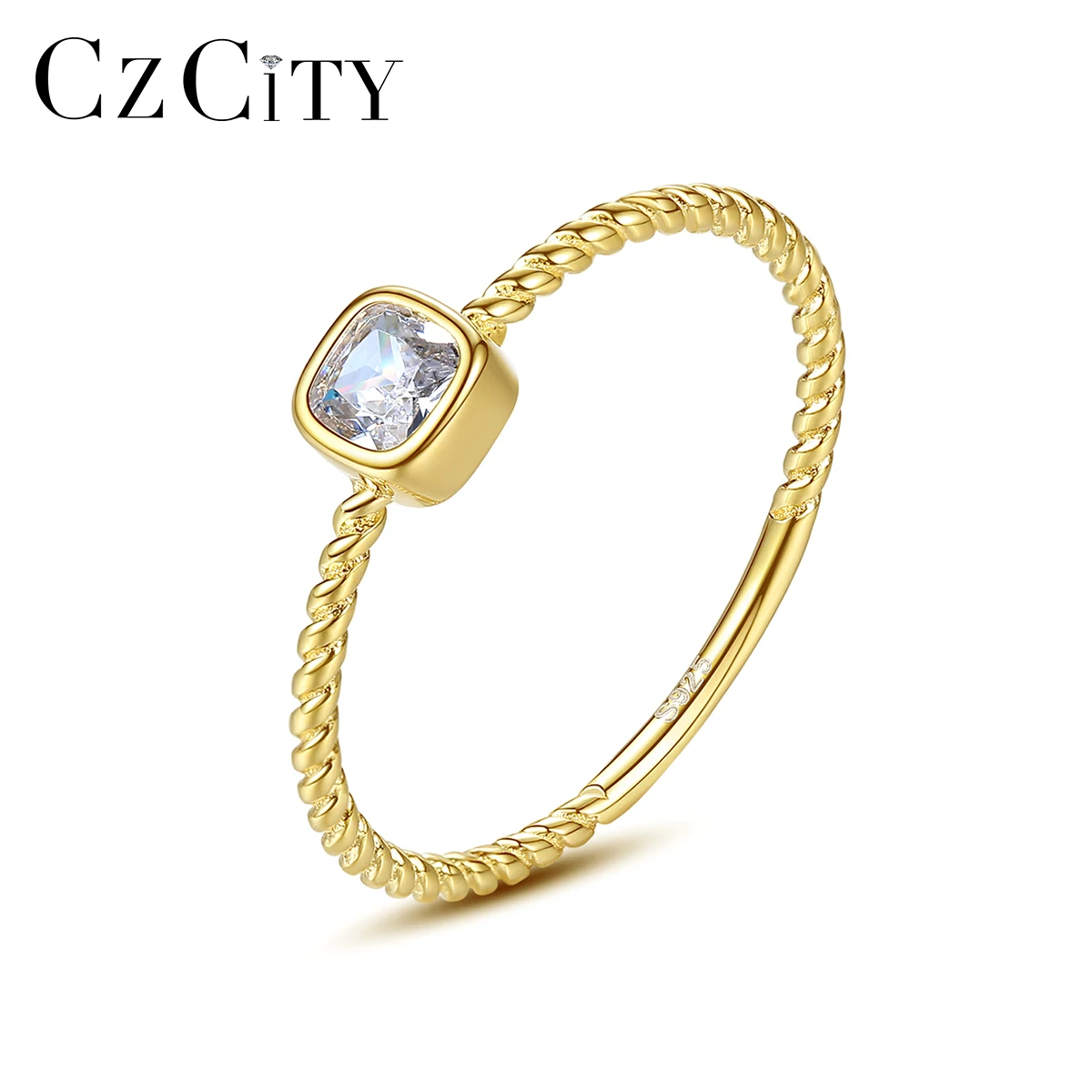 

CZCITY Square Zircon Classic Design Gold Color 925 Silver Jewelry Rings Unique Women Finger Rings