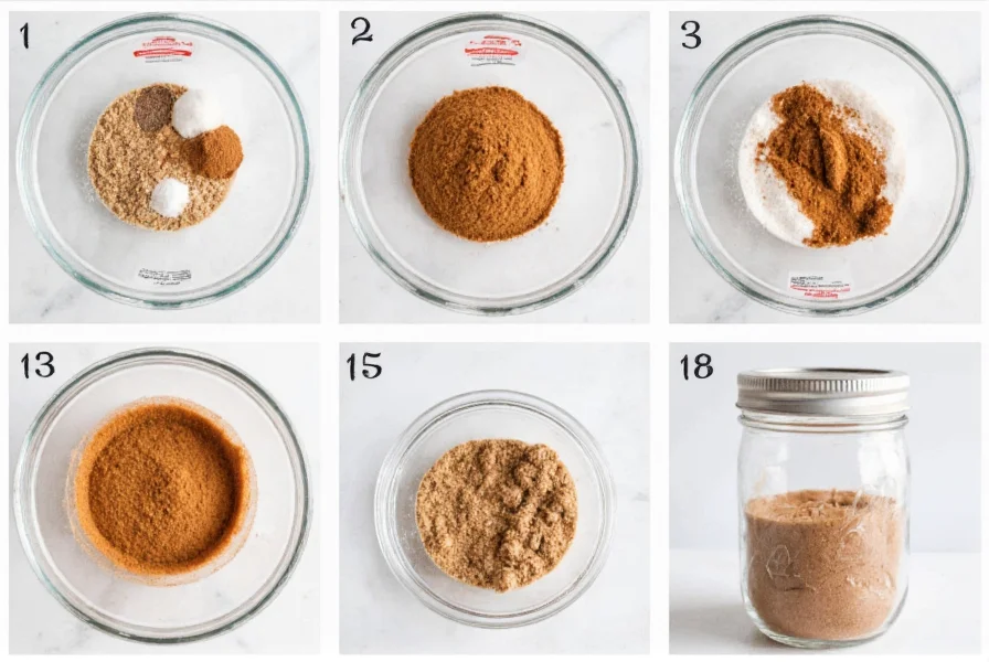 Step-by-step visual guide showing the process of making cinnamon sugar mix from measuring ingredients to final storage in a mason jar