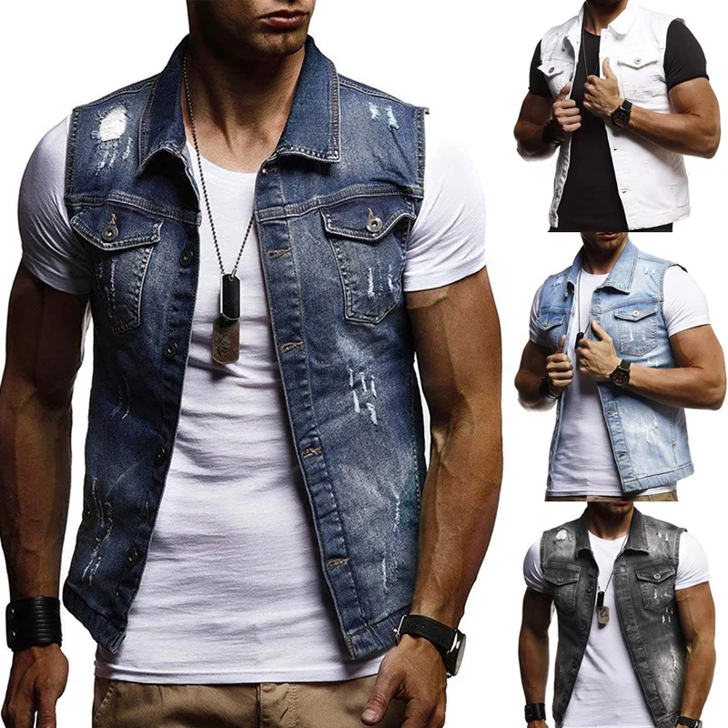 

DLL New Arrival Fashion men classic Washed hole jean jacket sleeveless jacket men plus size jackets, As picture or customized make