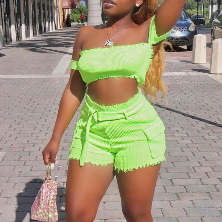 

2021 fashion women outfit Fluorescent hot women two piece set crop top and pants tracksuit