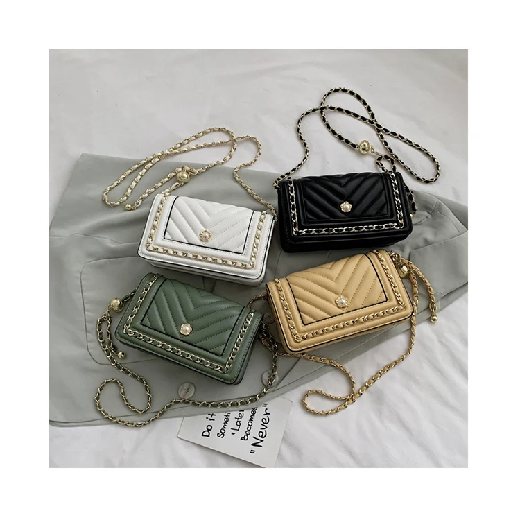 

Fashion Women's Luxury Handbag Chain Pearls Small Square Bag Thread V Striped Flap Shoulder Bag Elegant Classic PU Messenger Bag