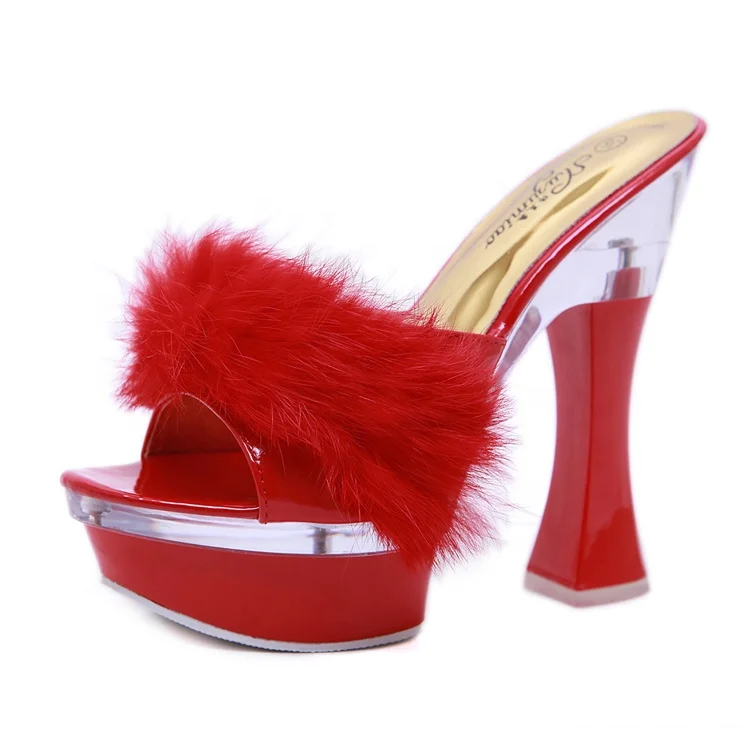 

Trendy new style 14CM rabbit hair thick heel sexy wedge ladies fur slippers platform sandals