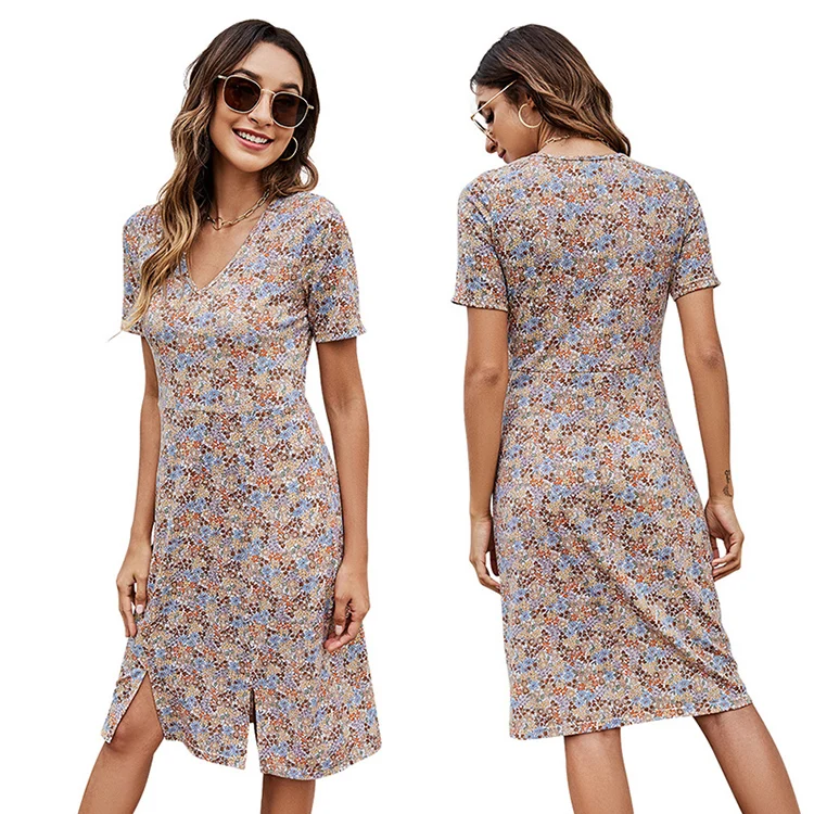 

r9452 New summer flower floral printed V neck casual beautiful sweet dresses for women sundress vestidos
