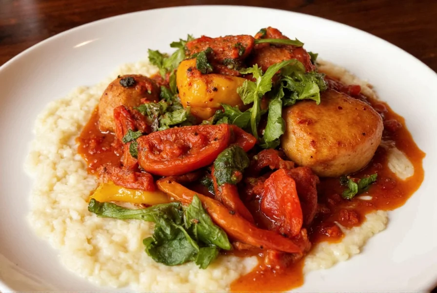 Gourmet dish featuring roasted red peppers in romesco sauce served with grilled vegetables