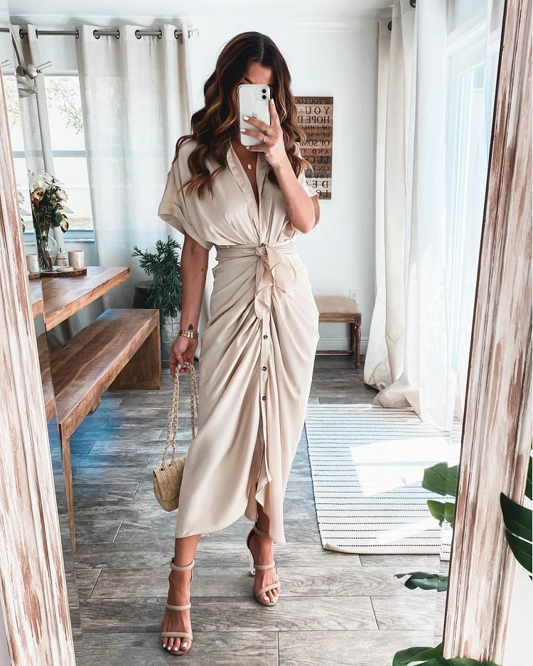 

New Arrivals Summer Fashion Women Clothing Solid Satin Short Sleeve Casual Midi Dress Office Lady Elegant Casual Shirt Dresses