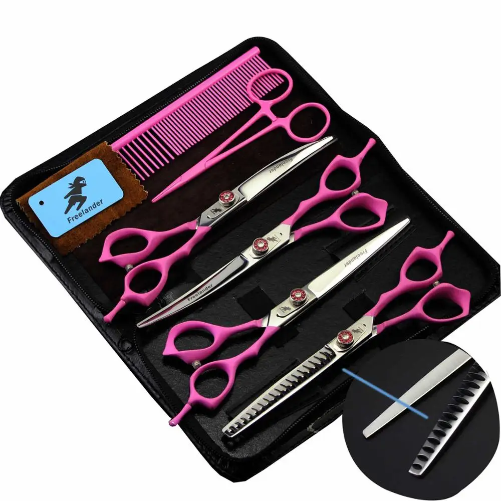 

7.0 Inch Wholesale 4 Pieces Professional Stainless Steel Pet Grooming Scissors Set Pink handle