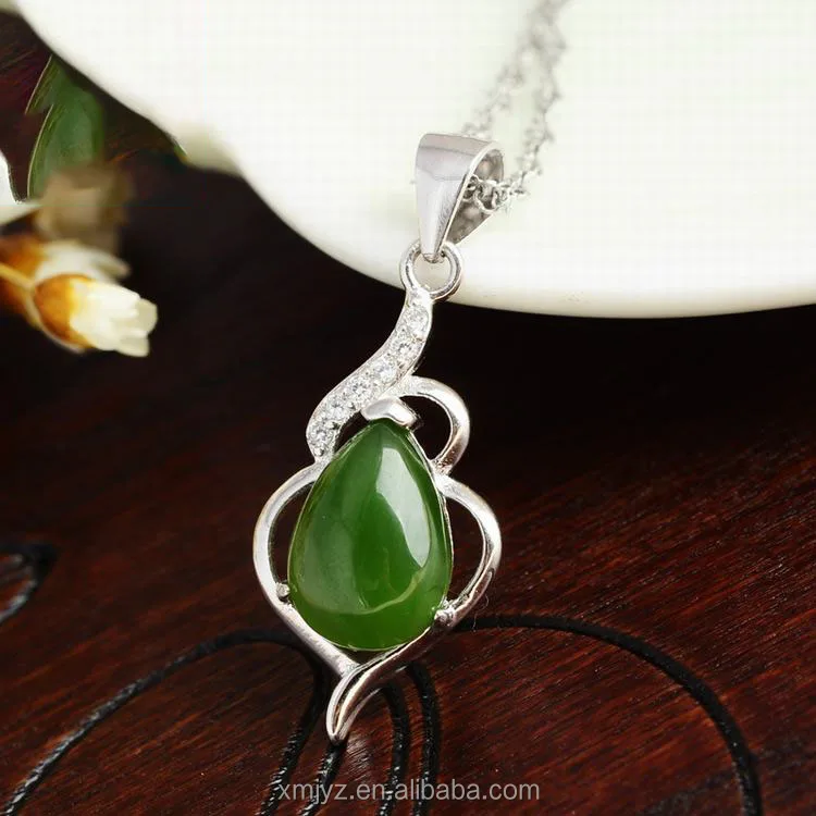 

Certified Natural Jade Hetian Jade Pendant Water Drop 925 Silver Inlaid Jade Without Silver Chain