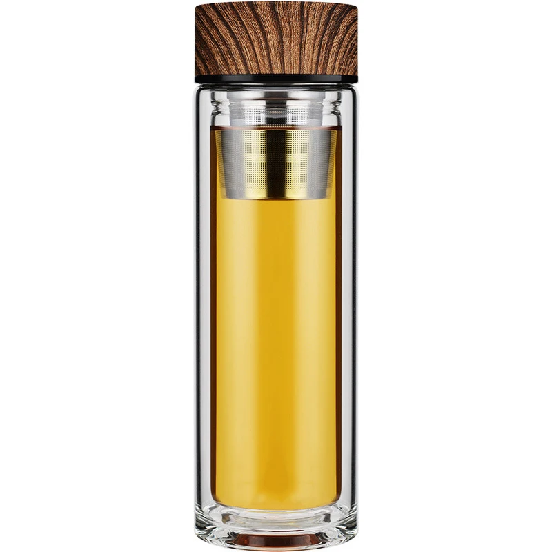 

Wooden Grain Lid Glass Tea Infuser Bottle Double Wall Glass Water Bottle, Clear