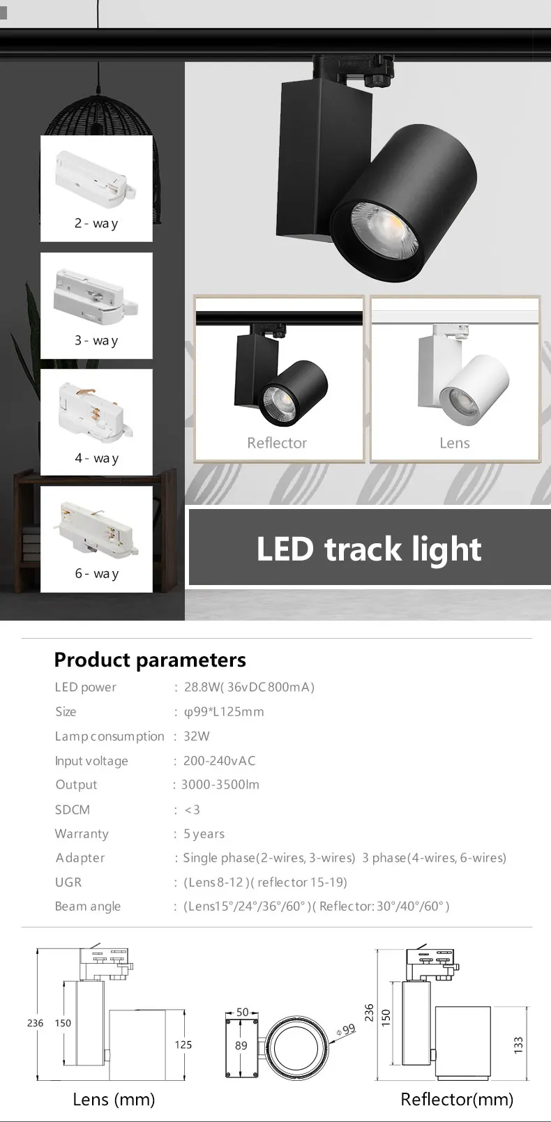 High CRI90 3 phase track lighting system 20W/32W/42W COB LED rail  track light for Europe market